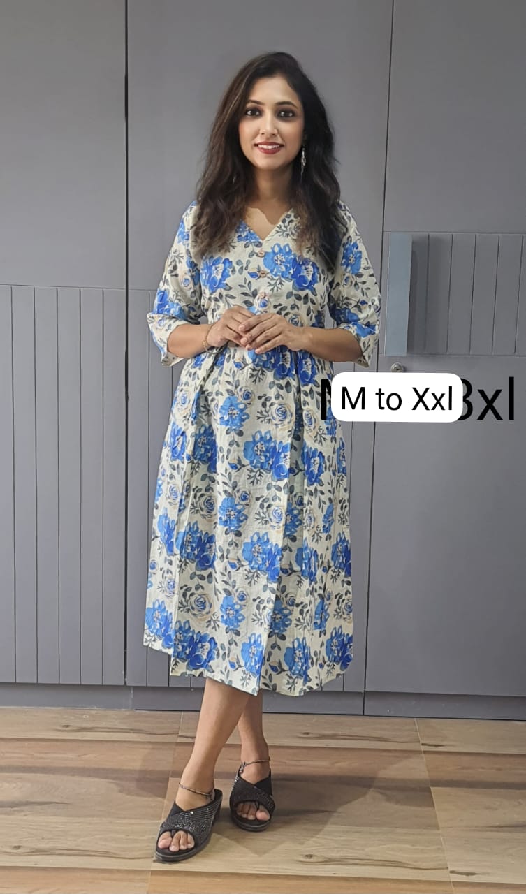 White Midi Dress with Blue Floral Print & V-Neck