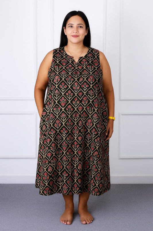 Sleeveless Black Midi Dress – Red & Gold Floral Geometric Print