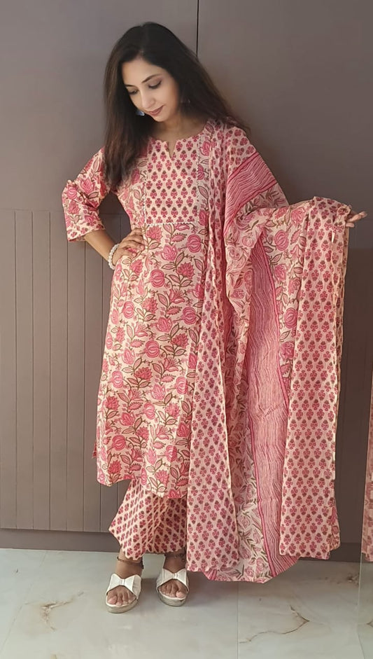 Pink & Beige Floral Three-Piece Suit – Kurta, Wide-Leg Pants & Dupatta