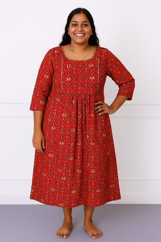Red A-Line Midi Dress with Gold Embroidery & Elephant Print