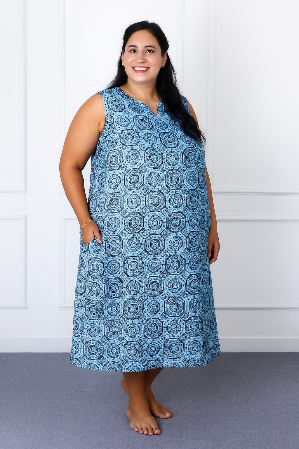 Sleeveless Blue Geometric A-Line Dress with V-Neck & Pockets