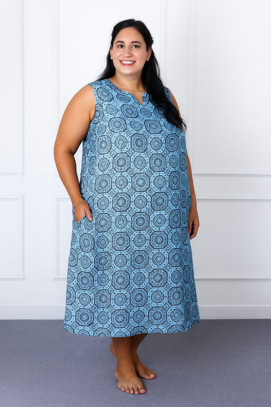 Sleeveless Blue Geometric A-Line Dress with V-Neck & Pockets