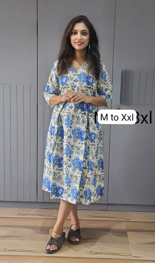 White Midi Dress with Blue Floral Print & V-Neck