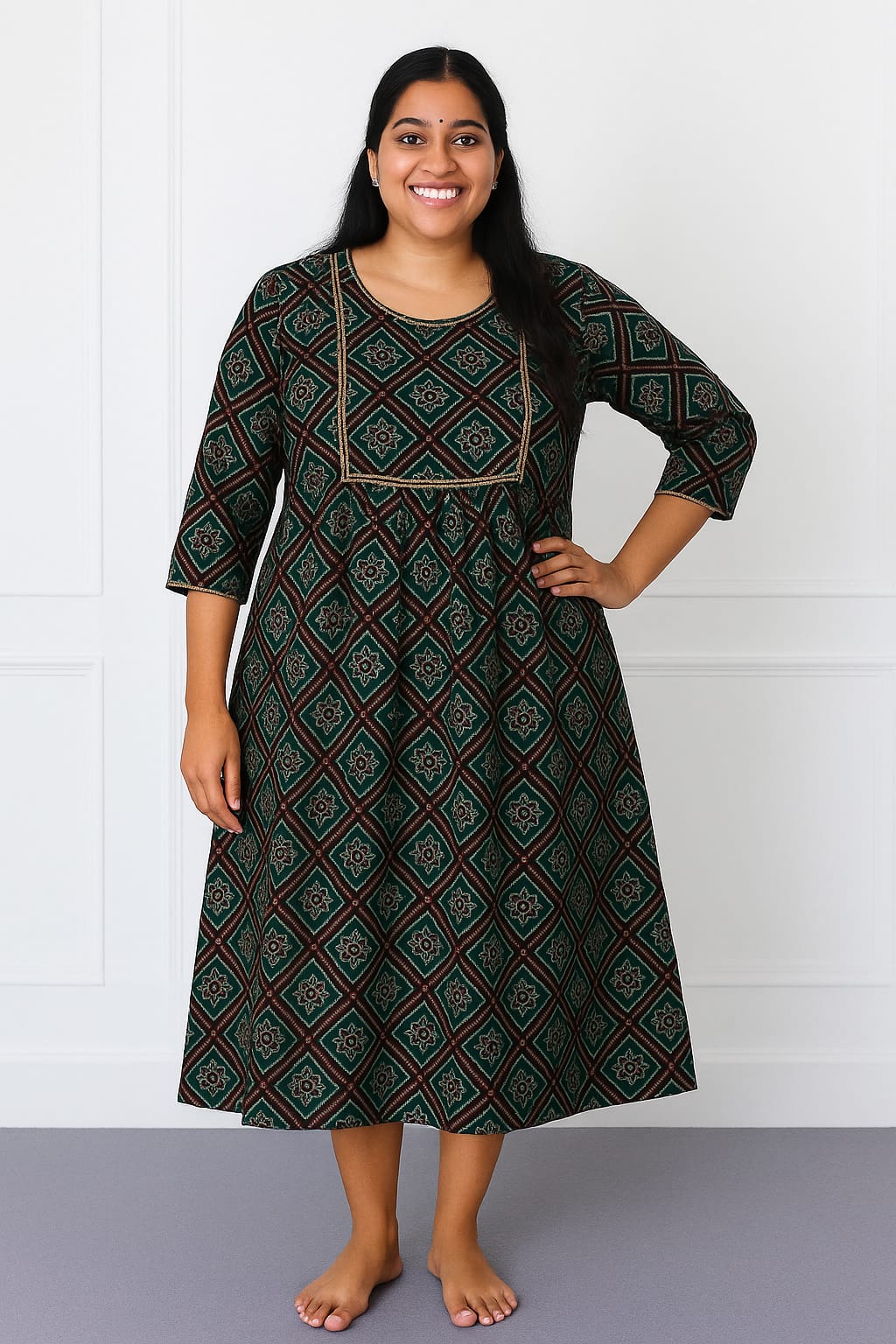 Dark Green A-Line Knee-Length Dress with Gold Embroidered Neckline