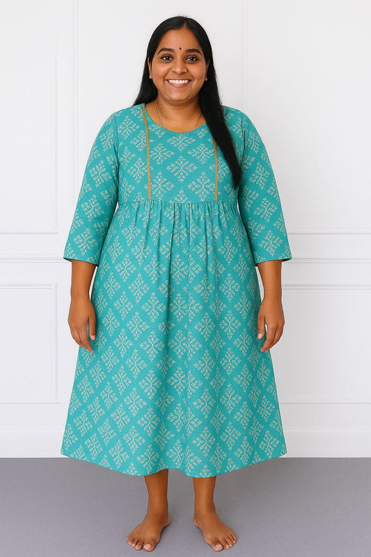 Teal A-Line Midi Dress with Gold & White Geometric Pattern