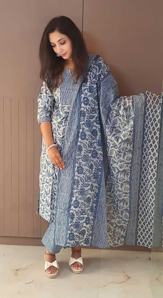 Jaipuri Blue & White Pure Cambric Cotton Kurta Set for Women