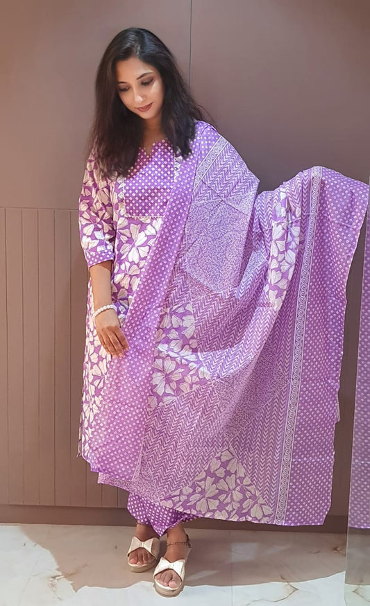 Women's Purple Three-Piece Kurta Set – Floral & Polka Dot Print