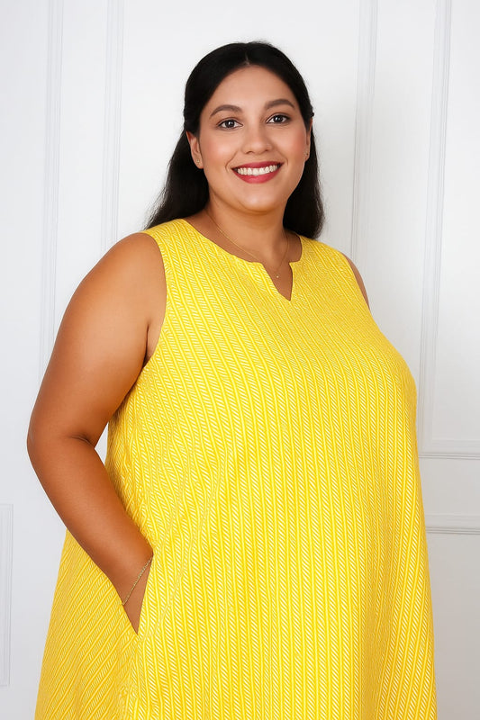 Sleeveless Yellow A-line Dress – V-Neck with Side Pocket