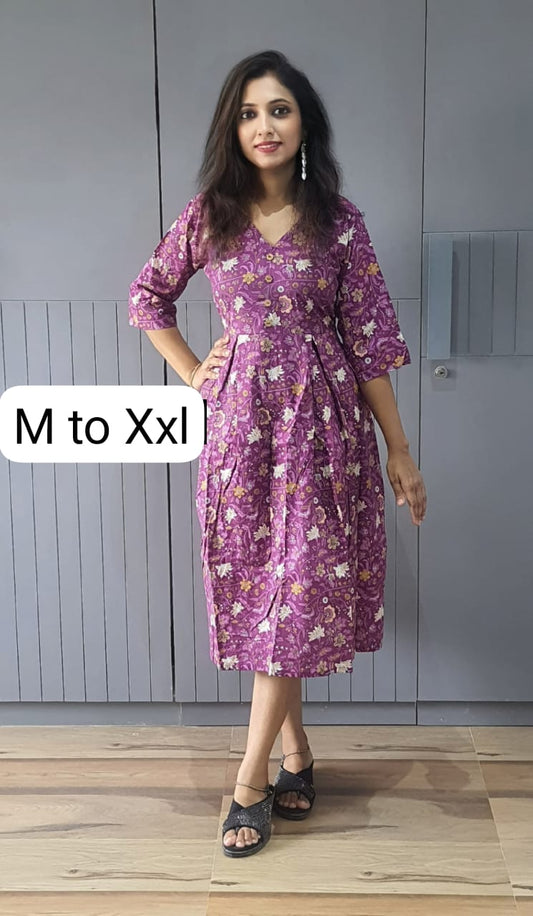 Purple Floral A-line Dress – V-Neck & Three-Quarter Sleeves