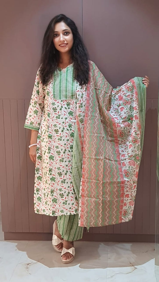 Women's Floral Embroidered Salwar Kameez Set – Light Base with Green & Pink Accents